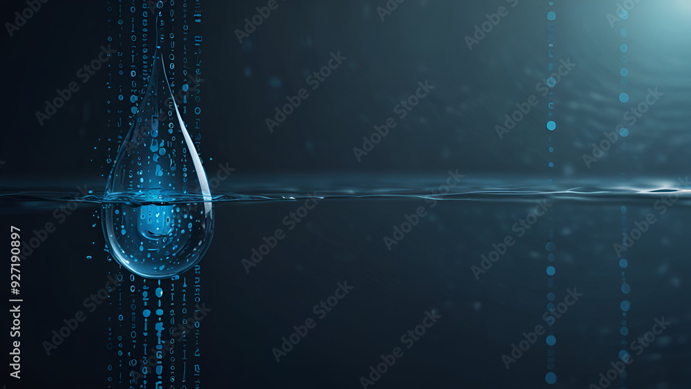Poster digital blue water drop icon with binary code, artificial intelligence in water resource management,