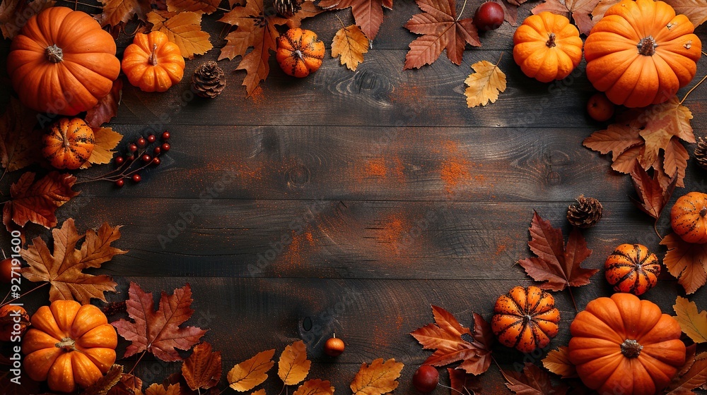 Wall mural pumpkins and autumn leaves on a wooden table create a warm and inviting thanksgiving day greeting ca