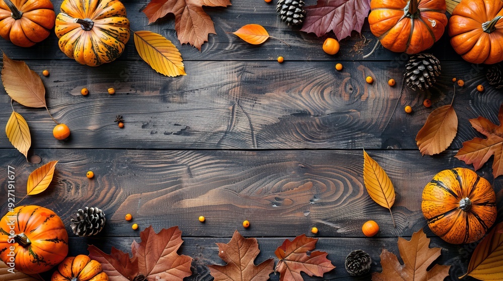 Wall mural pumpkins and autumn leaves on a wooden table create a warm and inviting thanksgiving day greeting ca