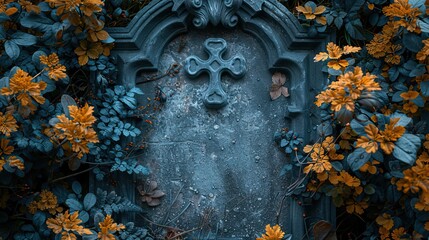Scary Halloween decorations are displayed on a gravestone background from a top view perspective, perfect for a flat lay of the spooky season.