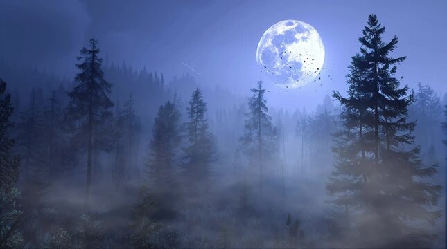 Misty forest illuminated by a full moon, with soft moonlight filtering through the fog and creating an ethereal and magical woodland Seamless looping 4k time-lapse virtual video animation Generated AI