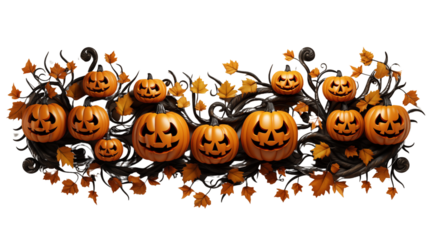 Halloween wreaths with pumpkins over isolated on transparent background.