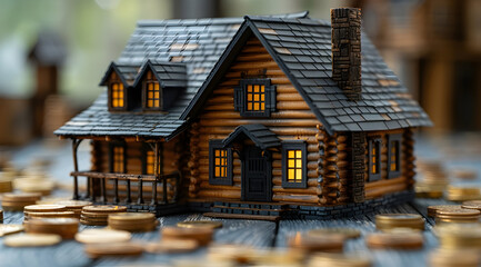 Wooden Cabin Miniature with Golden Coins - Realistic Model Home
