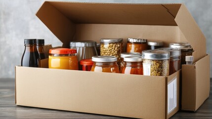 A cardboard box filled with various jars. This photo is great for illustrating a food delivery service, a pantry, or a grocery store.