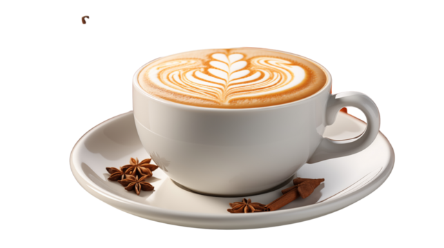 Pumpkin latte in a white cup with pumpkin isolated on transparent background.