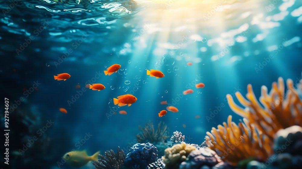 Wall mural Underwater scene featuring vibrant fish swimming near colorful coral, illuminated by beams of sunlight penetrating the water surface.