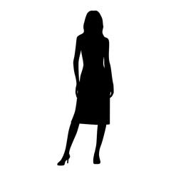 Vector silhouette of a young attractive slender woman, standing, black color, isolated on a white background