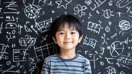 A smiling Asian boy in a striped shirt stands confidently against a chalkboard filled with playful doodles and mathematical equations, exuding curiosity and joy.