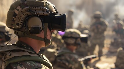 Close-up of a soldier wearing a virtual reality headset.