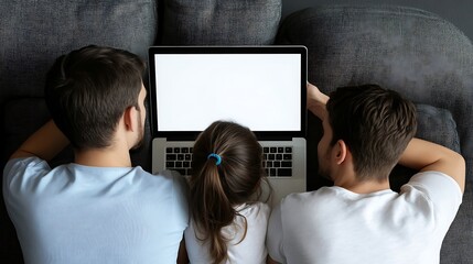 A young girl sitting between two adult males, closely engaged with a laptop, creating a warm and familial atmosphere of learning and connection.