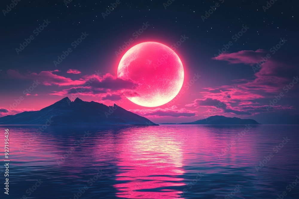 Poster pink moon over a still lake. this image is perfect for adding a mystical and surreal element to your
