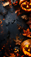 Halloween autumn banner. wooden background, leaves and pumpkins. Vertical frame for instagram story or tiktok background	
