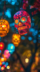 halloween decoration, colorful lanterns shaped as mexicam skulls, dia de los muertes vertical banner for instagram story or tiktok