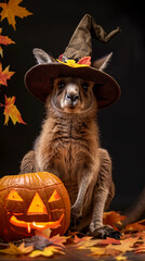 Fototapeta premium Cute halloween kangaroo with witch's hat, pumpkin and jack-o-lantern. Australian halloween. Vertical frame fot instagram story or tiktok