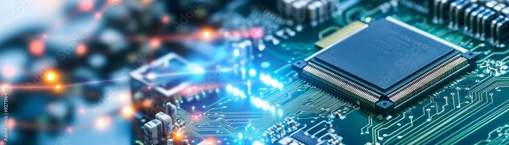 Poster close-up of a high-tech computer circuit board with vibrant lighting and intricate details, showcasi