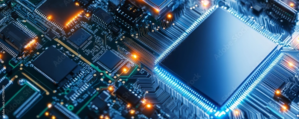 Poster close-up view of a modern microchip on a circuit board, showcasing intricate designs and glowing con