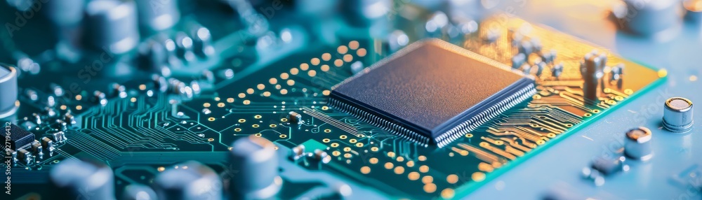 Poster detailed close-up of a modern microprocessor on a circuit board showcasing technology and innovation