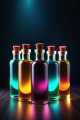 Many glowing colorful oils in bottles, vertical composition