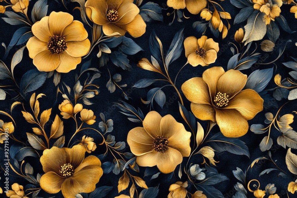Poster golden floral pattern on a dark blue background. perfect for creating a luxurious and elegant design