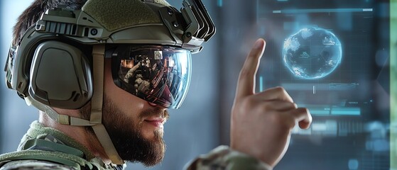 A futuristic soldier using advanced technology to interact with a holographic globe, showcasing innovation and tactical awareness.