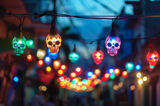 halloween decoration, colorful lanterns shaped as mexicam skulls, dia de los muertes