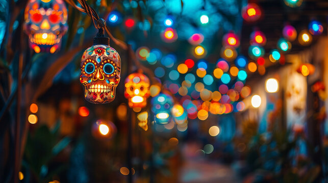 halloween decoration, colorful lanterns shaped as mexicam skulls, dia de los muertes