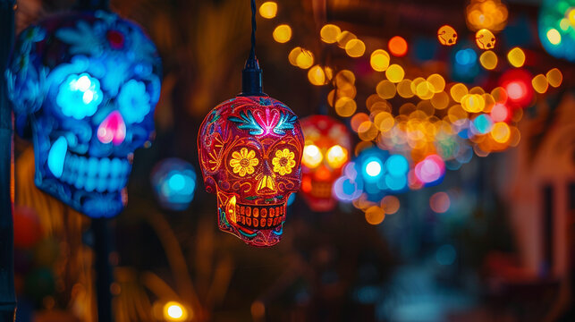 halloween decoration, colorful lanterns shaped as mexicam skulls, dia de los muertes