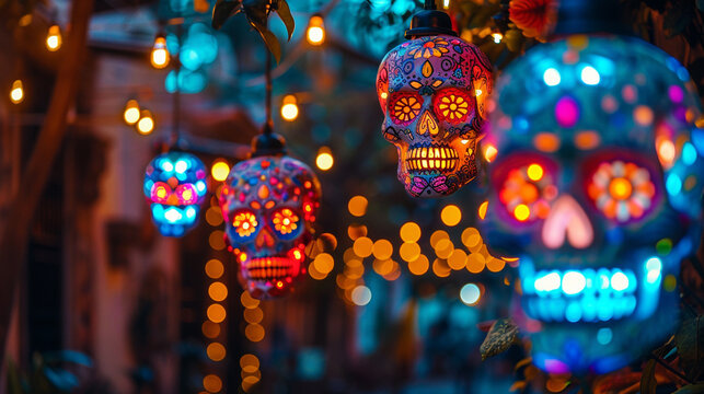 halloween decoration, colorful lanterns shaped as mexicam skulls, dia de los muertes