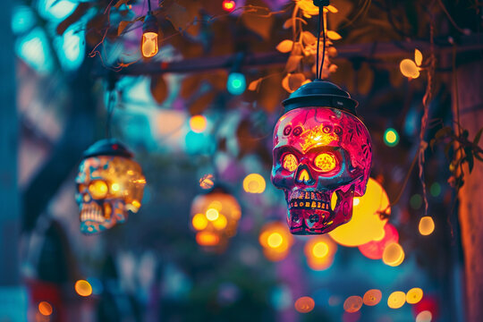 halloween decoration, colorful lanterns shaped as mexicam skulls, dia de los muertes