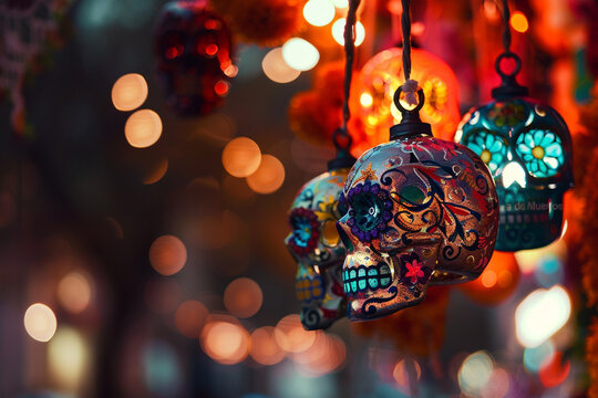 halloween decoration, colorful lanterns shaped as mexicam skulls, dia de los muertes
