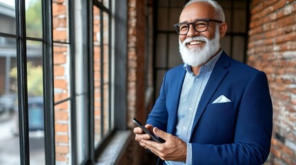 A cheerful senior man with a white beard and glasses, dressed in a blue blazer, smiles while holding a smartphone beside large windows with a brick wall backdrop.
