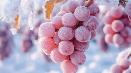 Frozen grapes covered in frost. This photo showcases the beauty of nature in winter, ideal for a winter wonderland theme.
