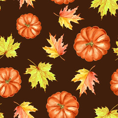 Fototapeta premium Pumpkins orange with maple leaves. Seamless patten for Autumn Harvest fest. Hand drawn watercolor illustration isolated. Thanksgiving vegetables. Backdrop for wallpaper, card, wrapping, textile, print