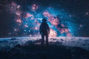 Fototapeta premium An astronaut stands on a mountaintop, gazing up at a starry night sky with a nebula in the distance.