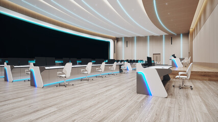 Modern high tech command center. Headquarters of the army command. Future military or astronomy base. 3d render illustration.