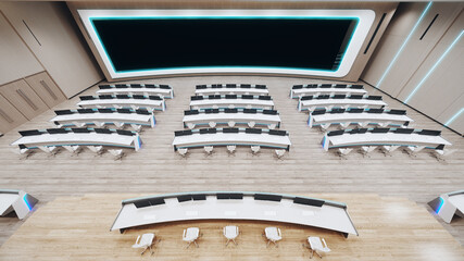 Obraz premium Modern high tech command center. Headquarters of the army command. Future military or astronomy base. 3d render illustration.