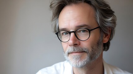 Fototapeta premium A middle-aged Caucasian man with glasses, featuring stylish gray hair and a thoughtful expression, posed against a soft neutral background.