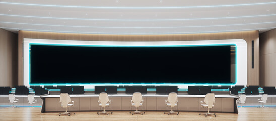 Modern high tech command center. Headquarters of the army command. Future military or astronomy base. 3d render illustration.