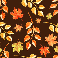 Autumn leaves seamless pattern. Fall foliage botanical background for pattern fills. Hand drawn watercolor illustration. Thanksgiving background. Template for wallpaper, card, website, cover, fabric.