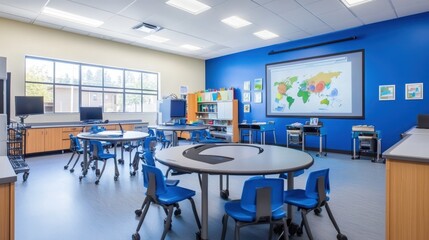 Modern Connected Classroom with Smart Boards, Tablets, and Educational Tools