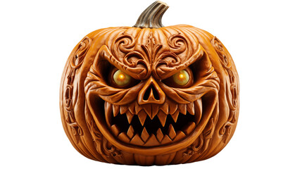 scary, spooky, crazy Halloween pumpkin horror head isolated on transparent background.