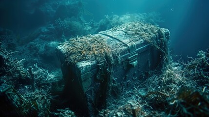 An old wooden chest lies forgotten on the ocean floor, covered in seaweed and marine life.