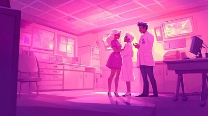 A vibrant, stylized illustration depicting a woman of mixed ethnicity embracing a medical professional as a doctor smiles, bathed in a pink-toned glow.  