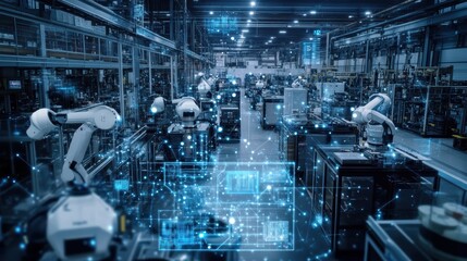 Advanced Manufacturing Technology: IoT-Connected Factory Floor with Robots and Machines in Operation