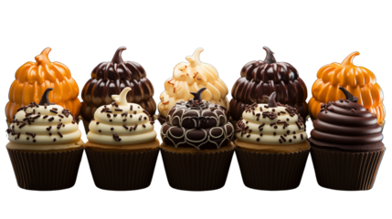Set of Halloween cupcake pumpkin spider topping isolated on transparent background.