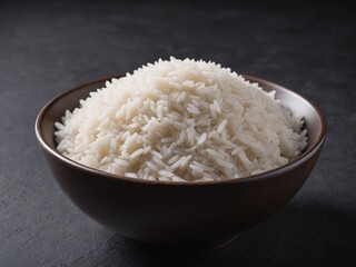 A close-up view of a bowl brimming with steamed white rice, set against a dark, textured backdrop that highlights the essence of the food and its simplicity