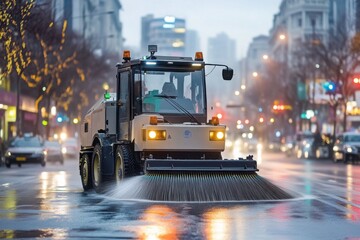 Street Sweeper Cleaning Wet City Road