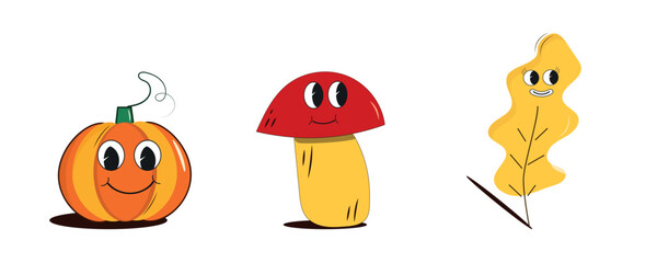 Autumn stickers character groovy. Pumpkin, mushroom, leaf retro stile. vector illustration