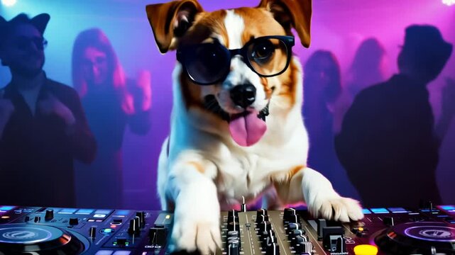 Dog DJing at a vibrant party with friends in the background
