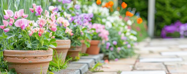 Terrace garden featuring blooming sweet peas, delightful scent